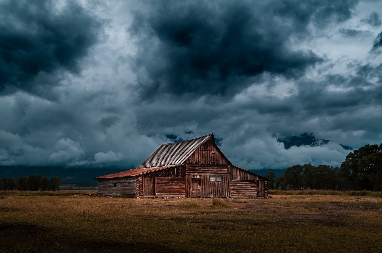 cabin, countryside, storm